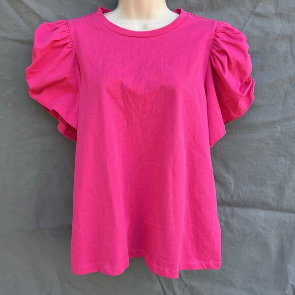 English Factory Size L Hot Pink Puff Short Sleeves 100% Cotton Tee Shirt Blouse - Picture 5 of 5